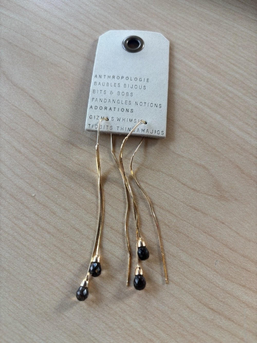 NWT Anthropologie Gold Threader Earrings with Smoky Grey Crystal Like Stones